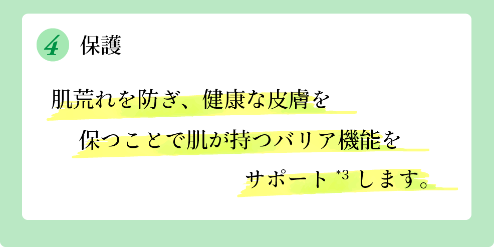 保護 肌荒れを防ぎ、健康な皮膚を保つことで肌が持つバリア機能をサポートします(皮膚の乾燥を防ぐことによるもの)